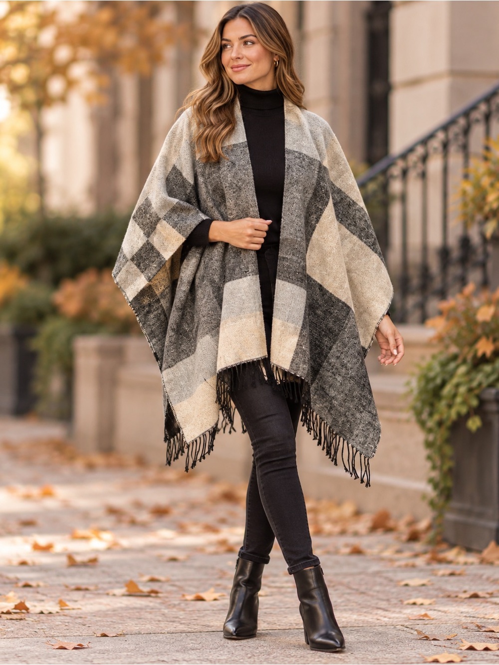 Marc New York Poncho Wrap Shawl Cape Womens One Size Plaid Fringe Tassel